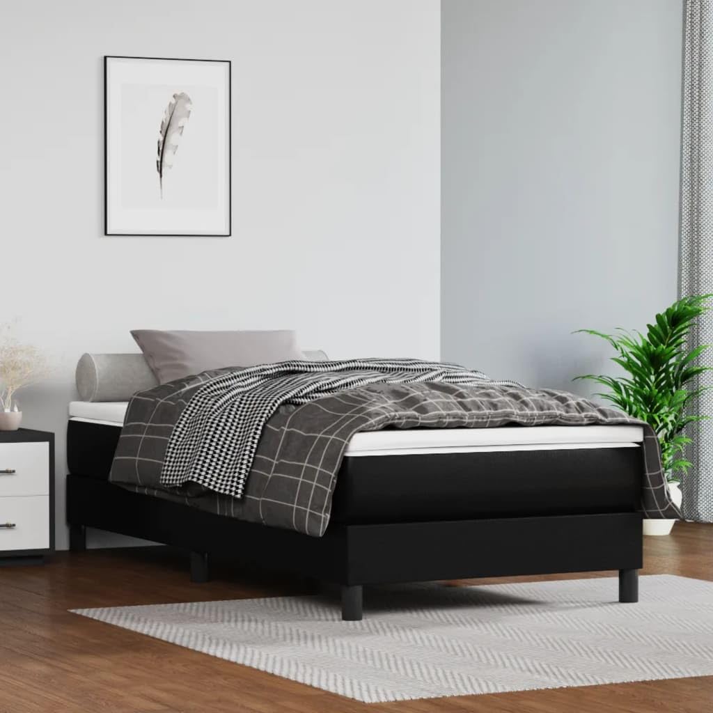 vidaXL Twin XL Box Spring Bed Frame in Black Faux Leather – Modern Style for Bedroom – Stain-Resistant, with Supportive Legs and Plywood Slats