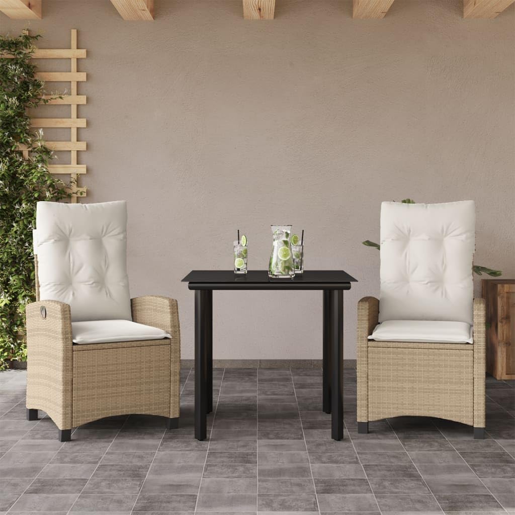 vidaXL Patio Dining Set - 9 Piece, Beige Poly Rattan, Cushions, Reclining Chairs, Tempered Glass Tabletop