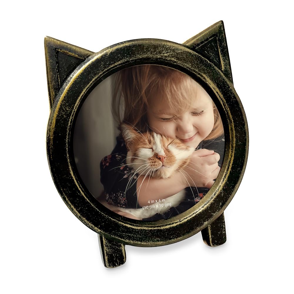 Isaac Jacobs 4x4 Round Resin Sentiment Cat Picture Frame with Ears, Photo Tabletop & Wall Display Hanging Display & Home D  cor 