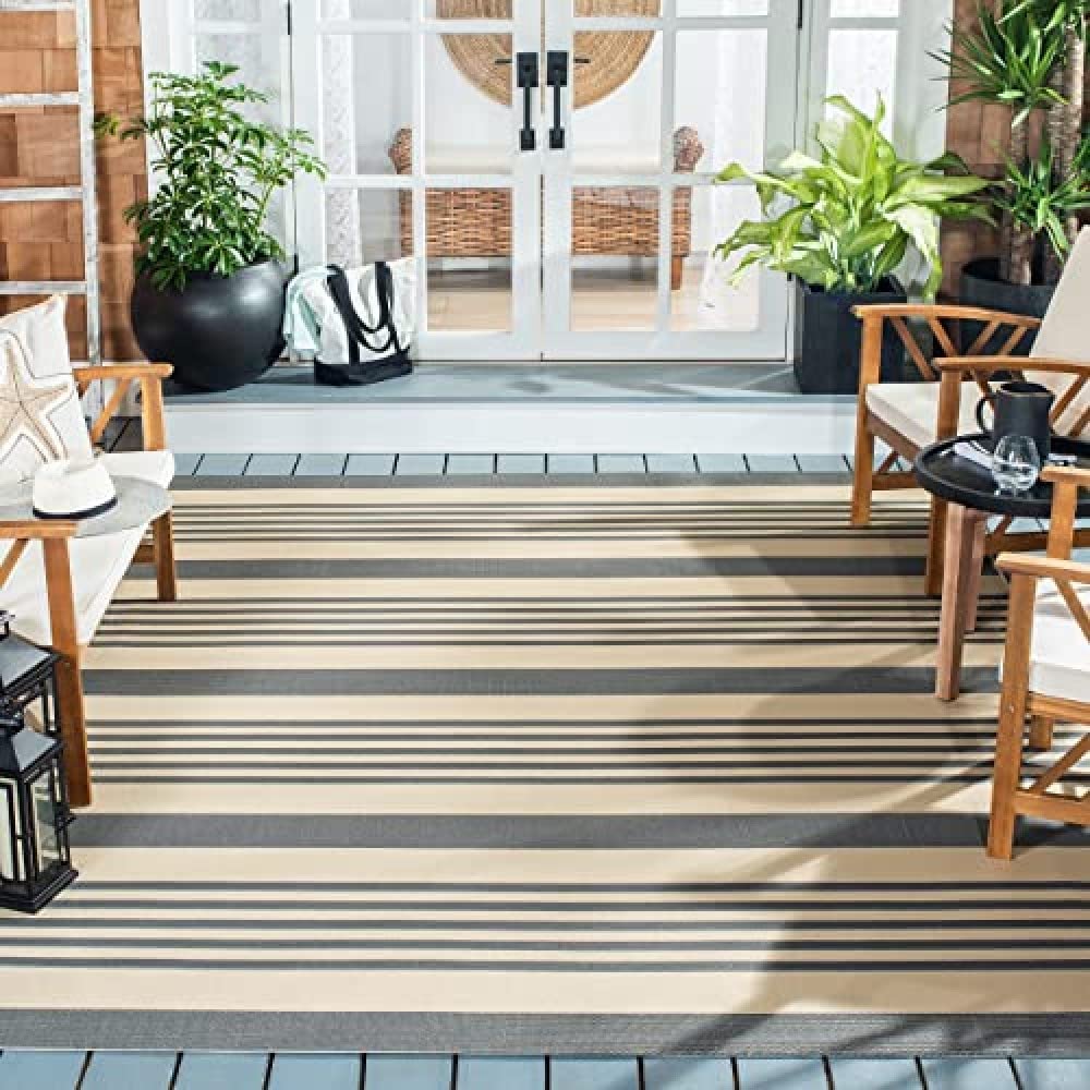 Safavieh Courtyard Collection Area Rug - 6'7'' X 9'6'', Grey & Bone, Stripe Design, Non-Shedding & Easy Care, Indoor/Outdoor & W