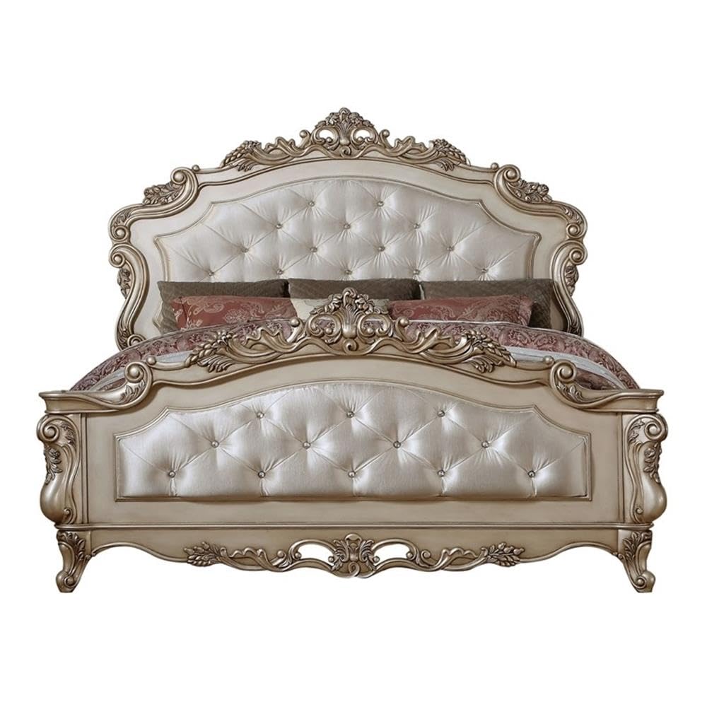 Acme Gorsedd Tufted Queen Panel Bed in Cream Fabric and Golden Ivory