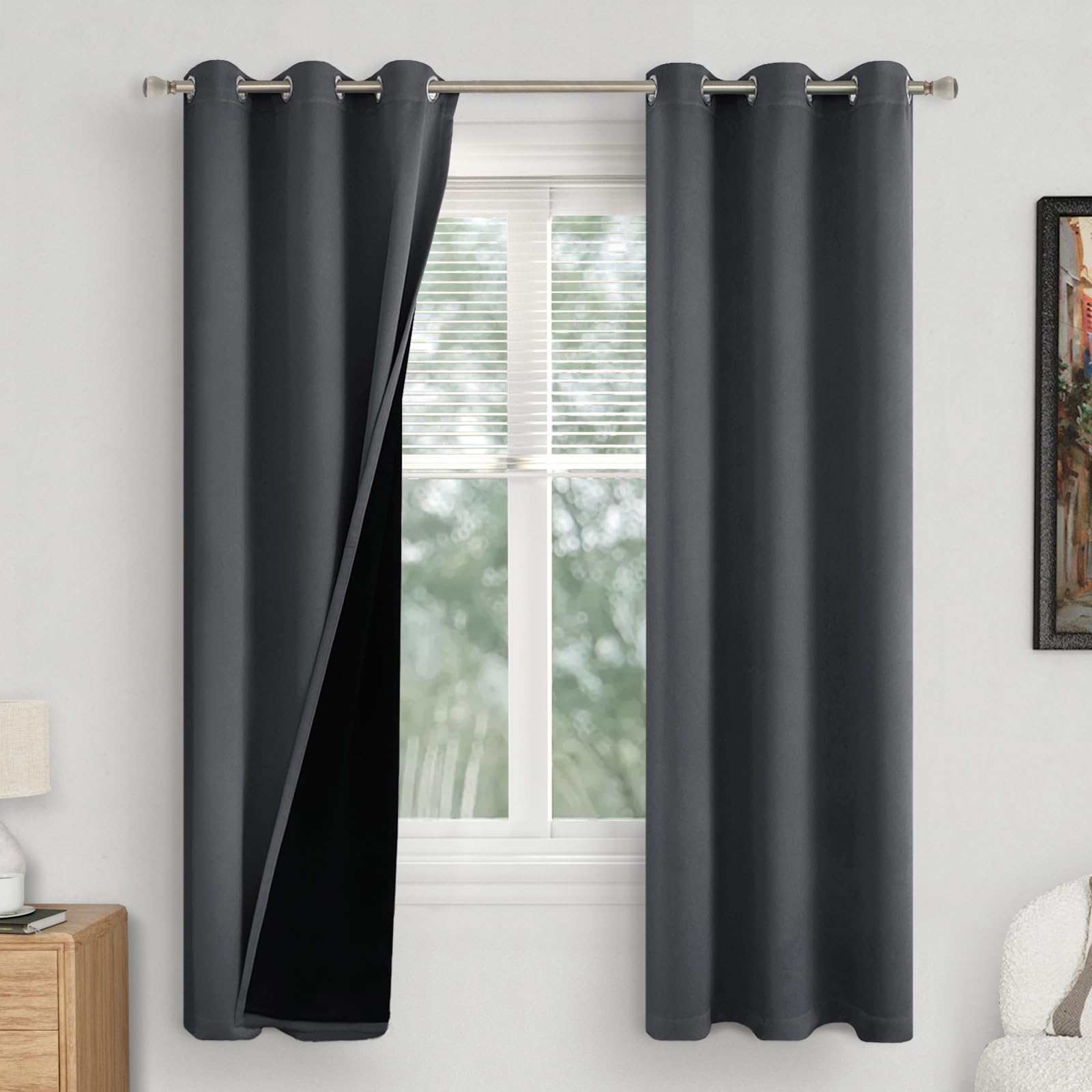 Quemas Dark Grey Blackout Curtains 72 Inch Length 2 Panels Set For Living Room, Thermal Insulated 100% Light Blocking Soundproof