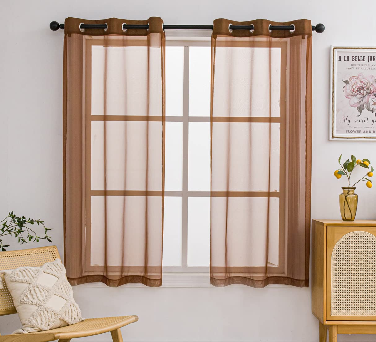 Pi Sheer Curtains 63 Inches Long With Grommet,Vertical Voile Sheer Window Treatment For Kitchen/Office 2 Panels (W52 X L63, Brown)
