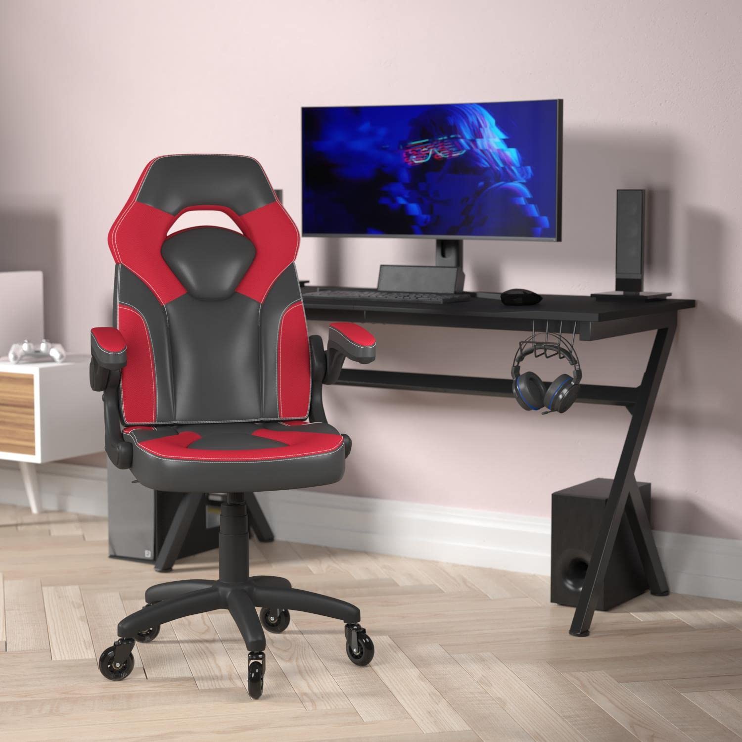 Flash Furniture X10 Gaming Chair Racing Office Computer Pc Adjustable Chair With Flip-Up Arms And Transparent Roller Wheels, Red/Black Leathersoft