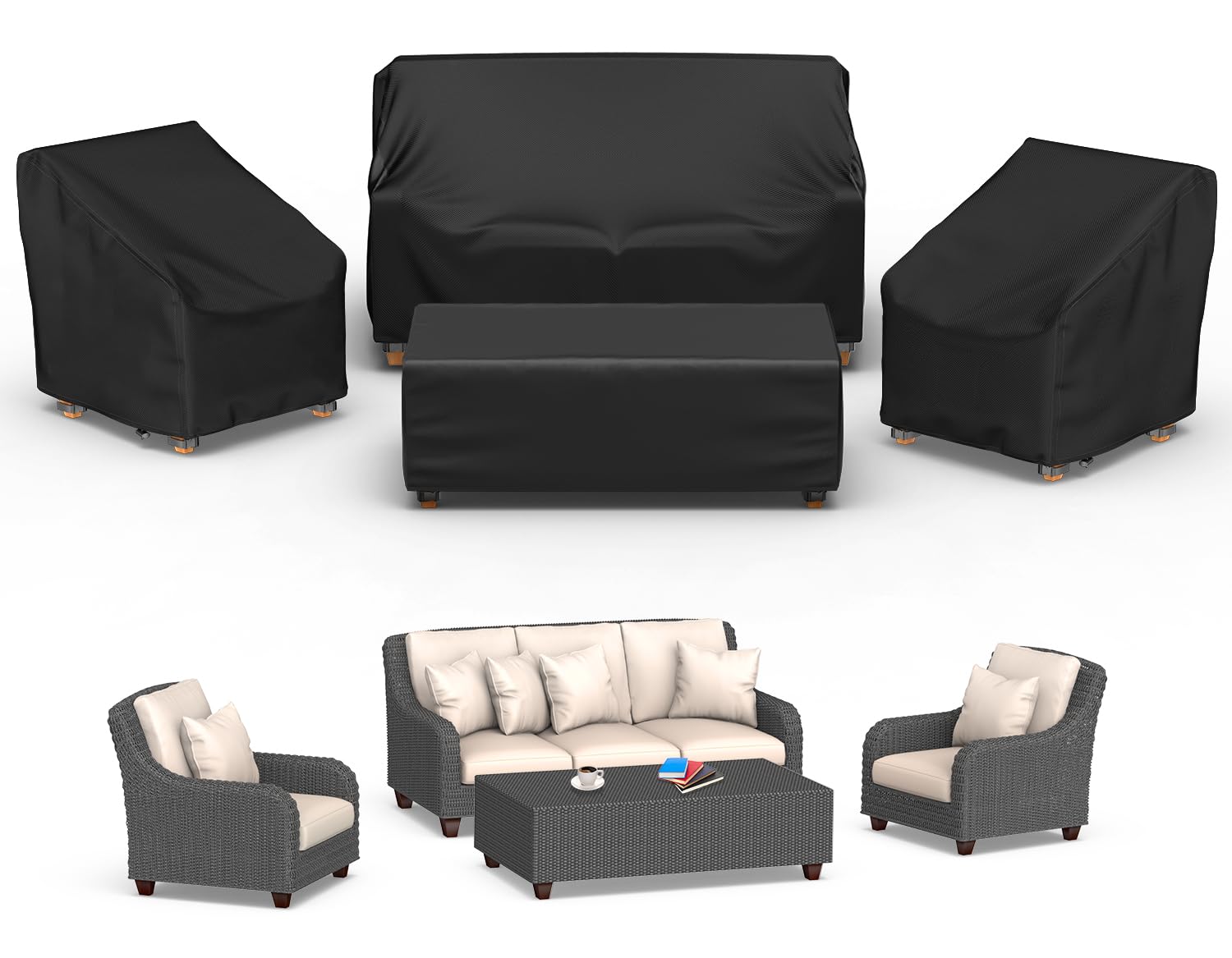 Mrrihand Patio Furniture Covers, 4 Piece Outdoor Furniture Cover Waterproof Includ Ourdoor Sofa Cover, 2 Chair Covers, Coffee Ta