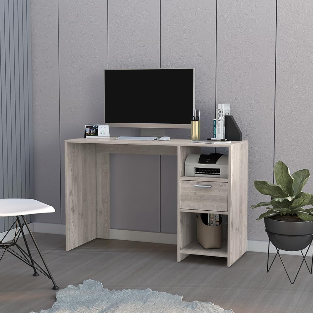 Computer Desk Odessa with Single Drawer and Open Storage Cabinets, Light Gray