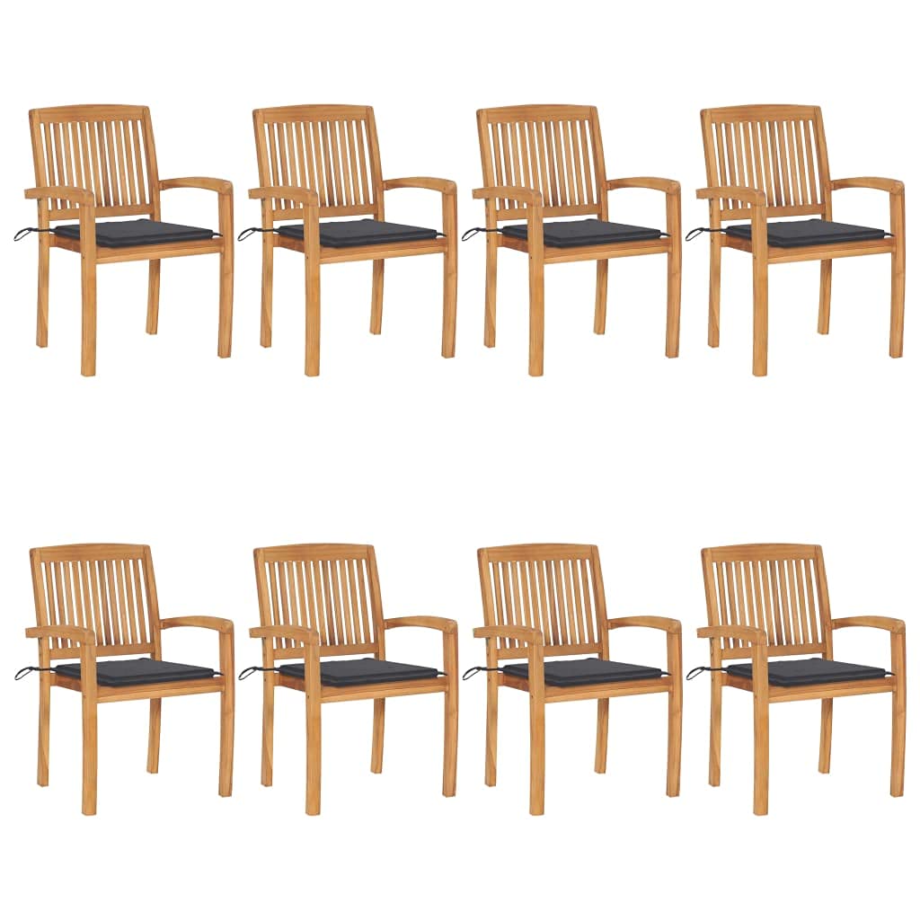 vidaXL Stacking Patio Chairs with Cushions Set of 8 - Solid Teak Wood - Indoor/Outdoor Use - Weather-Resistant - Stackable for Storage - Anthracite Cushions Included