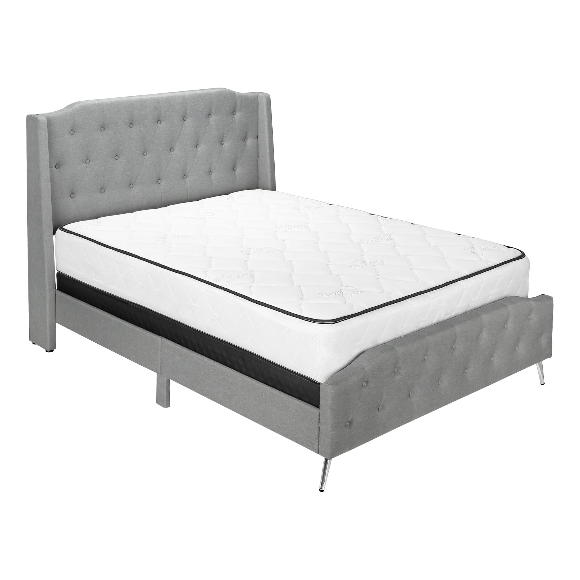 Monarch Specialties I 6045Q Bed, Frame, Platform, Bedroom, Queen Size, Upholstered, Linen Look Fabric, Metal Legs, Grey, Chrome, Contemporary, Modern