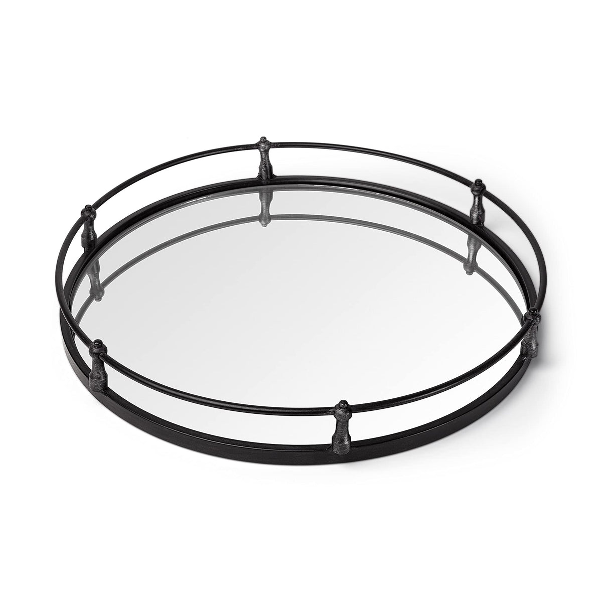 HomeRoots Silver 24' Natural Finish Metal with Mirrored Glass Bottom Round Tray