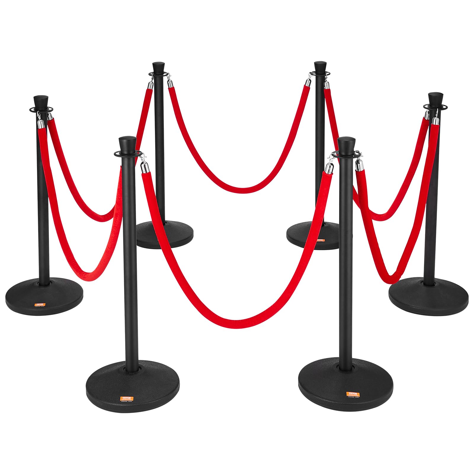 VEVOR Stanchion Posts with Velvet Ropes, 6-Pack Crowd Control Stanchion with 6PCS 5FT Red Velvet Ropes, Carbon Steel Baking Pain