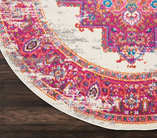 HomeRoots Ivory/Fuchsia 100% Polypropylene 5’ Round Ivory and Fuchsia Distressed Area Rug