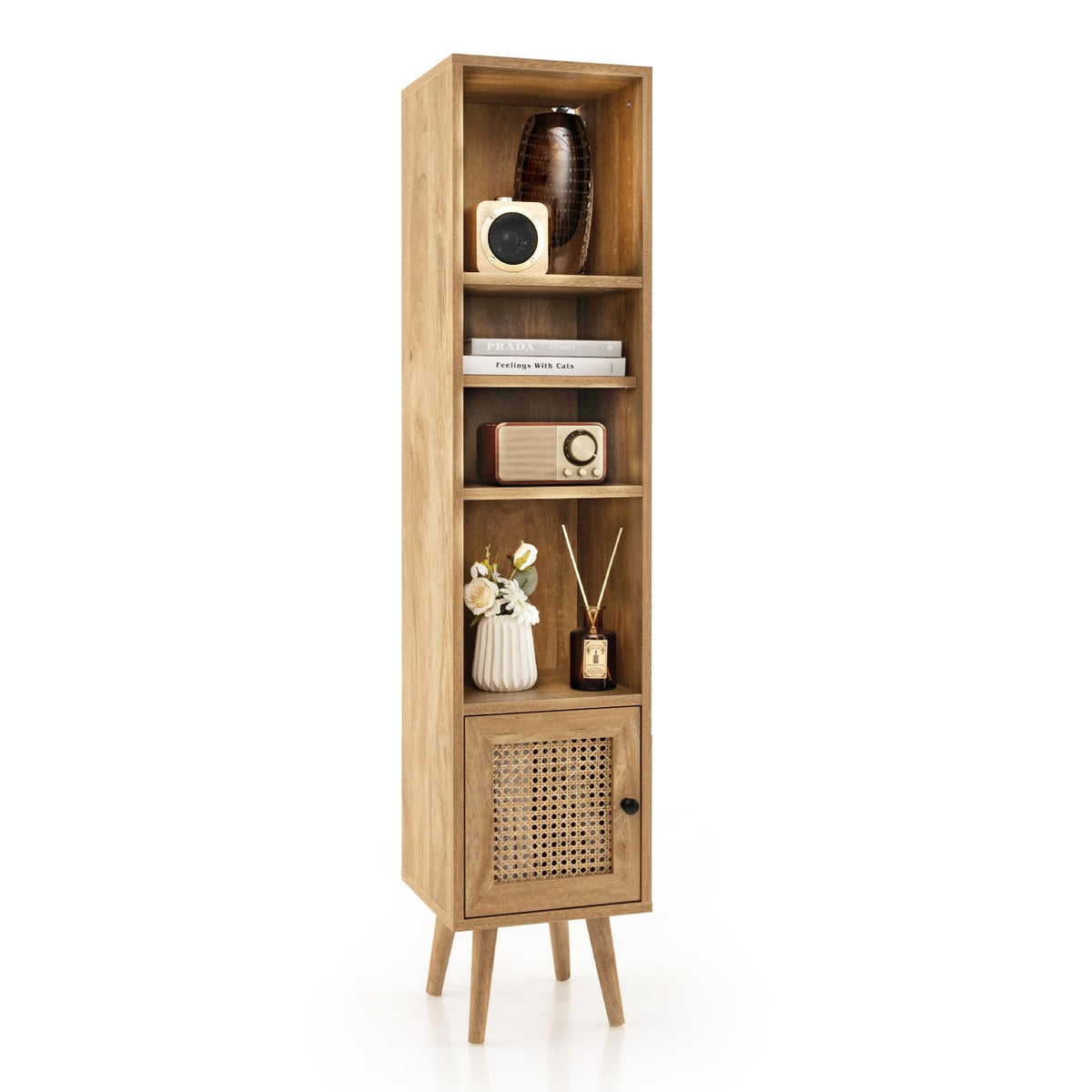 Giantex 54' Tall 4-Tier Bookcase With Door, Freestanding Slim Narrow Book Cabinet With Adjustable Shelf, Vertical Bookshelf With Leg, Open Shelving Display Rack, Boho Wooden 4-Cube Storage Organizer