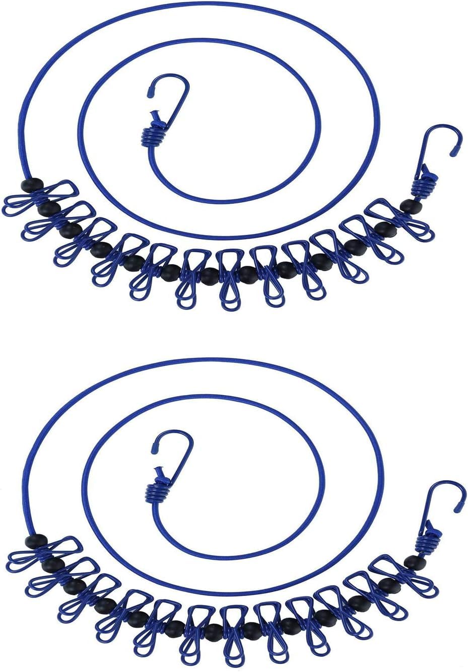 ROKTRY Pack 2 WindProof ClotheslineMulti Portable Drying Rope with 12 Clips and 2 Hooks Clothespins Portable Clothesline with