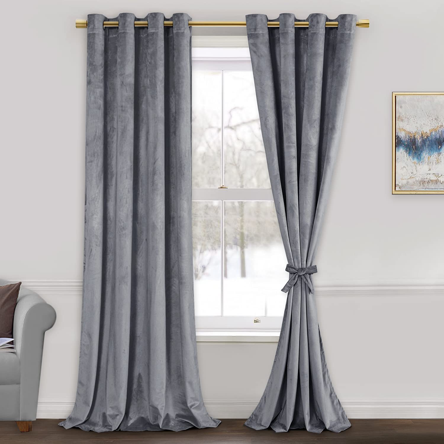 Jiuzhen Grey Velvet Curtains 84 Inches For Living Room - Thermal Insualted Room Darkening Grommet Thick Velvet Window Drapes For