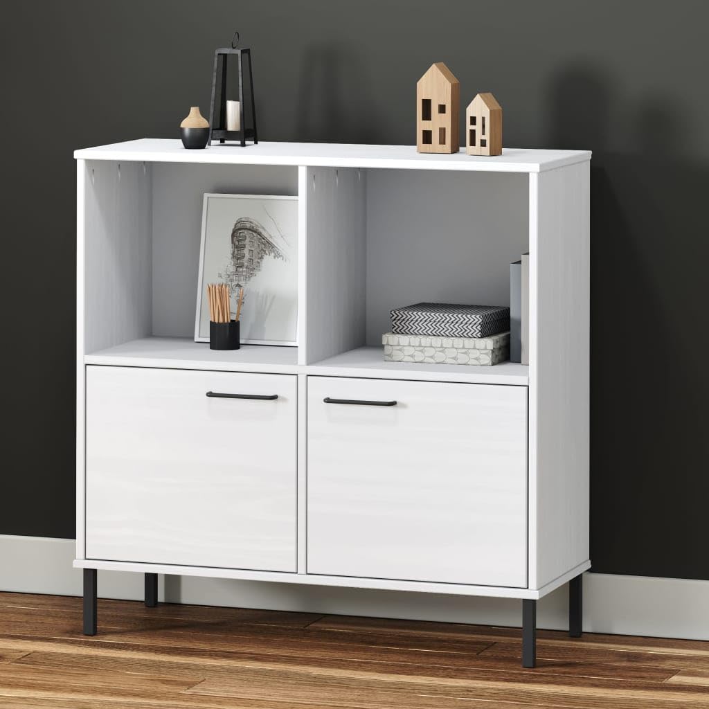 vidaXL Solid Pine Wood Bookcase with Metal Legs - White, Rustic, Durable, Spacious Compartments - Easy Assembly - Oslo Range