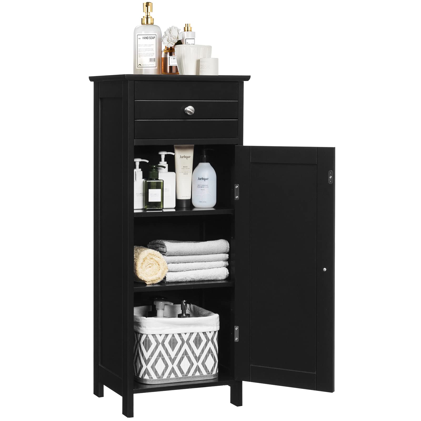 Dortala Bathroom Floor Cabinet, Free-Standing Wooden Floor Storage Cabinet W/Large Drawer & 2 Adjustable Shelves, Morden Side Storage Bathroom Organizer Cabinet For Bedroom Living Room, Black