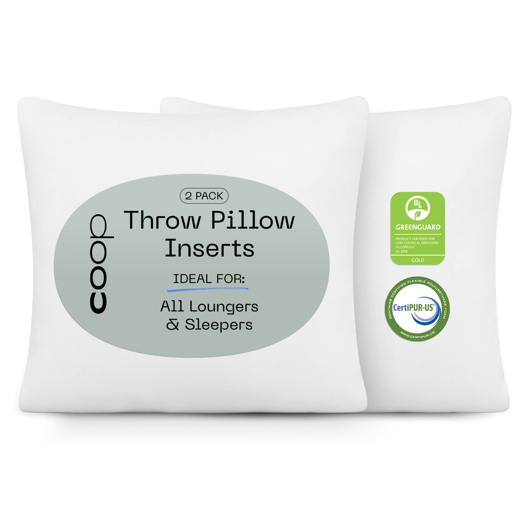 Coop Home Goods Throw Pillows (Pack of 2 White), 20x20 Pillow Inserts, Indoor & Outdoor Pillows, Adjustable Couch Pillows & Deco