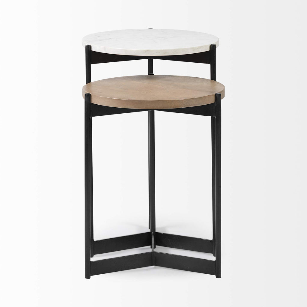 HomeRoots Black Metal Set of 2 Medium Brown Wood Round Top Side Tables with Marble Nesting