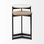HomeRoots Black Metal Set of 2 Medium Brown Wood Round Top Side Tables with Marble Nesting