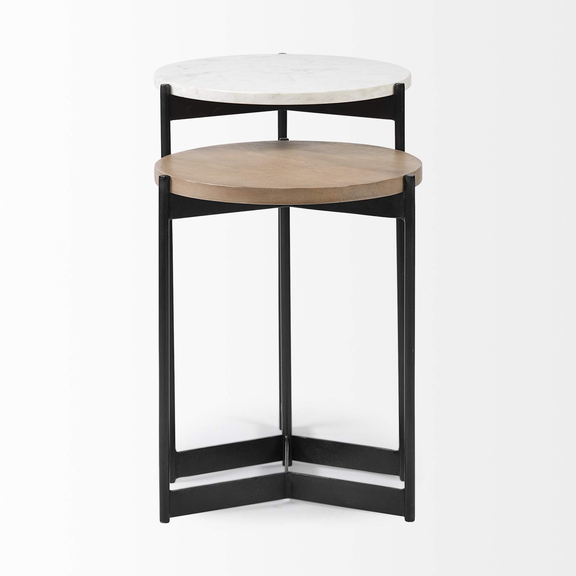 HomeRoots Black Metal Set of 2 Medium Brown Wood Round Top Side Tables with Marble Nesting
