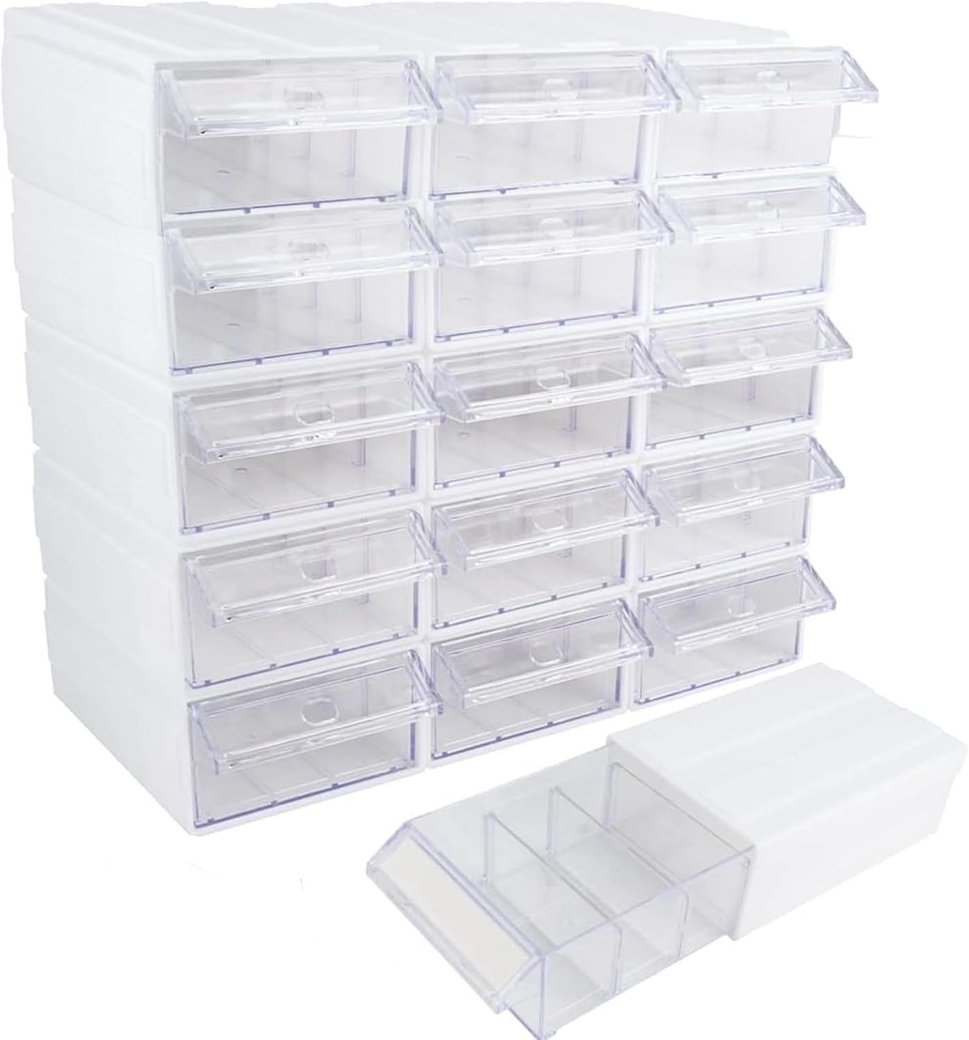 Aveltrox 15 Pcs Plastic Stackable Storage Drawers,Small Parts Storage Organizer, Drawers Storage Closet&45 Pcs Clear Dividers&45