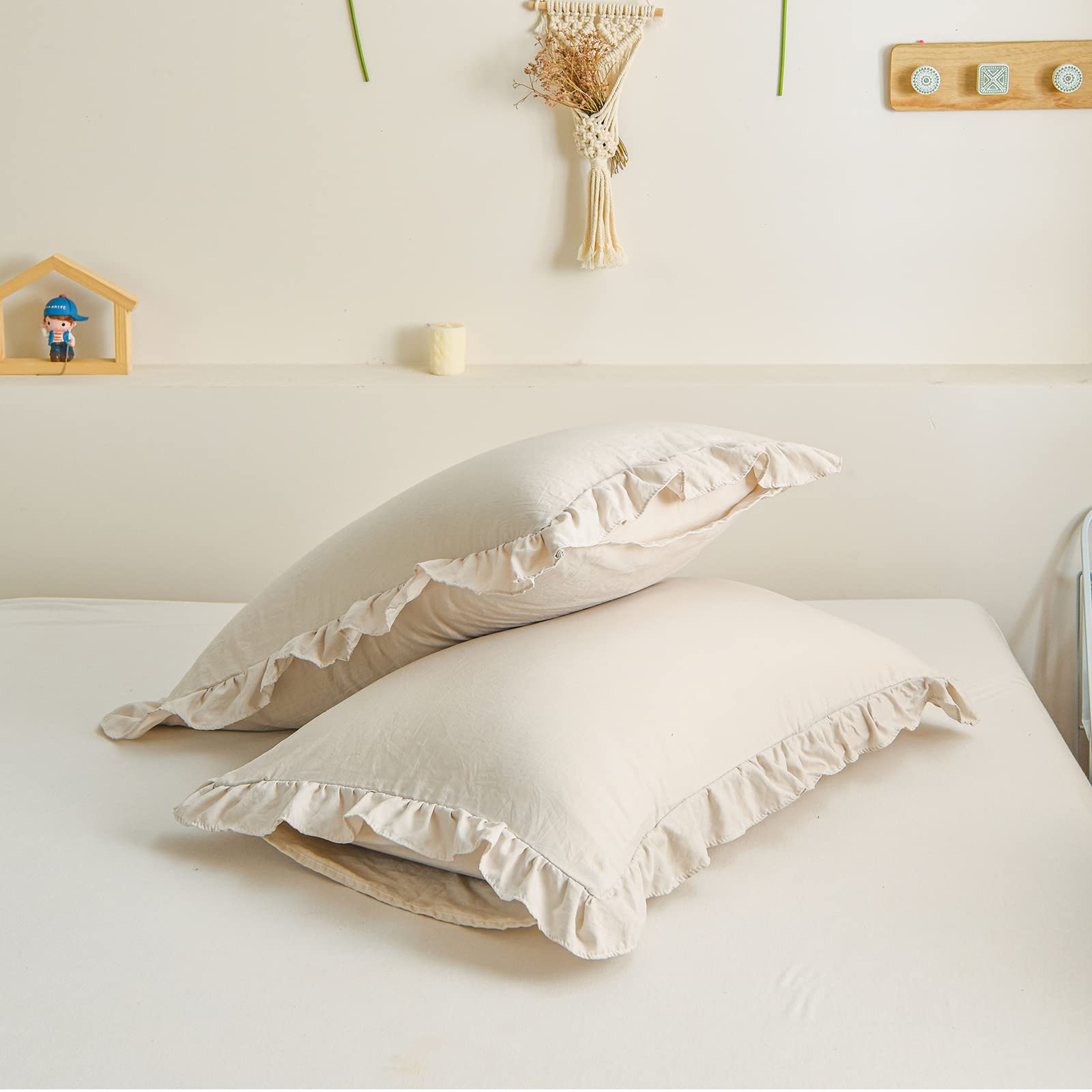 Cream Pillowcases King Pillowcases Ruffled Pillow Shams Set Of 2 Cute Pillowcases Solid Ruffled Fringe Design Beige Grey Shabby