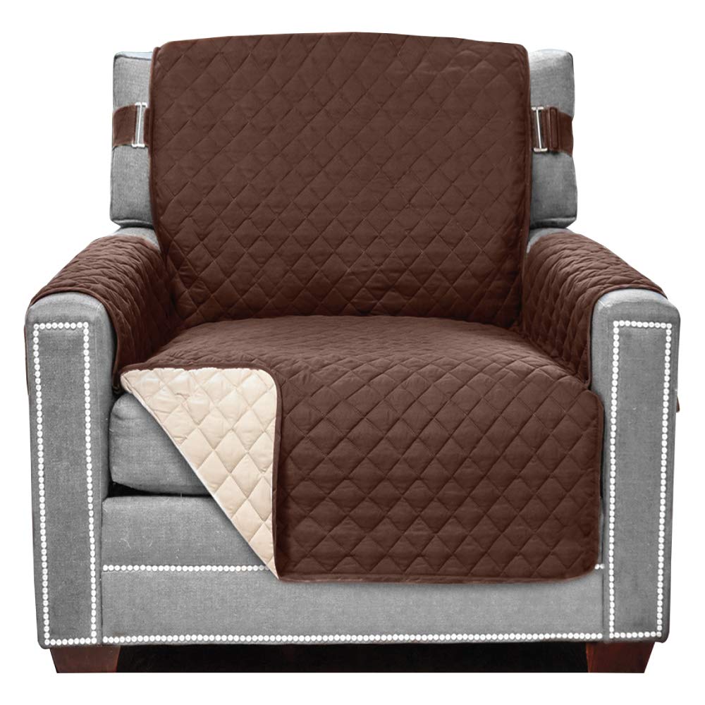 Sofa Shield Chair Slipcover With Patented Strap, Reversible Tear Resistant Soft Quilted Microfiber, 23” Seat Width, Durable Furniture Stain Protector, Washable Cover For Dogs, Kids, Chocolate Beige