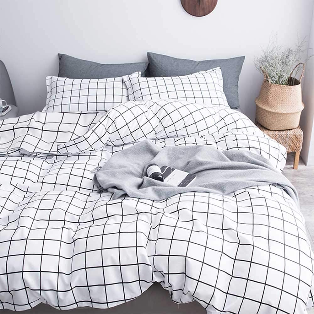 Nanko Duvet Cover Set Full Size White Grid, 80X90 Soft Bedding Cover, Luxury Cool Lightweight Microfiber 3Pc Set (1 Cover 2 Pill