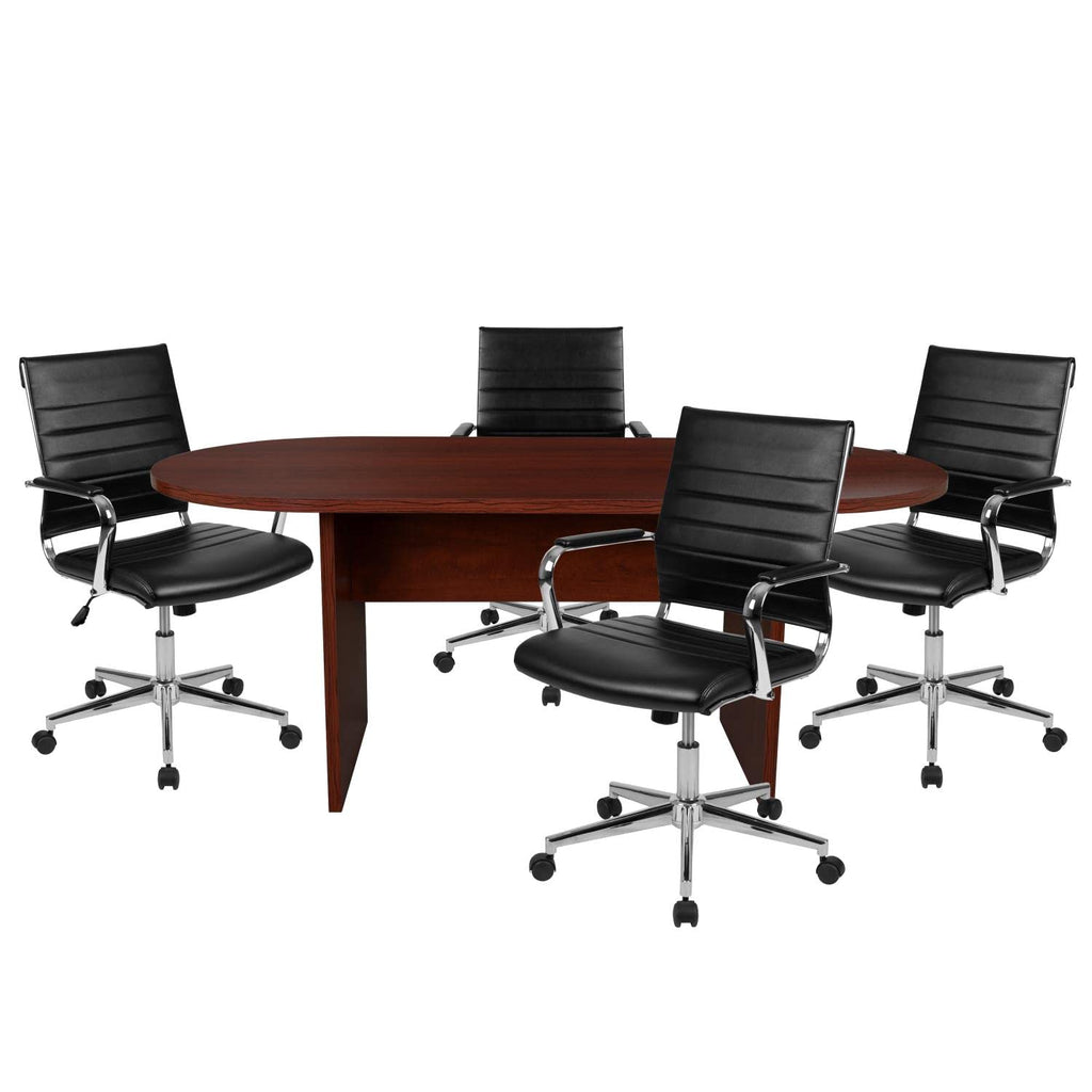 Flash Furniture Lake 5 Piece Mahogany Oval Conference Table Set With 4 Black Leathersoft Ribbed Executive Chairs