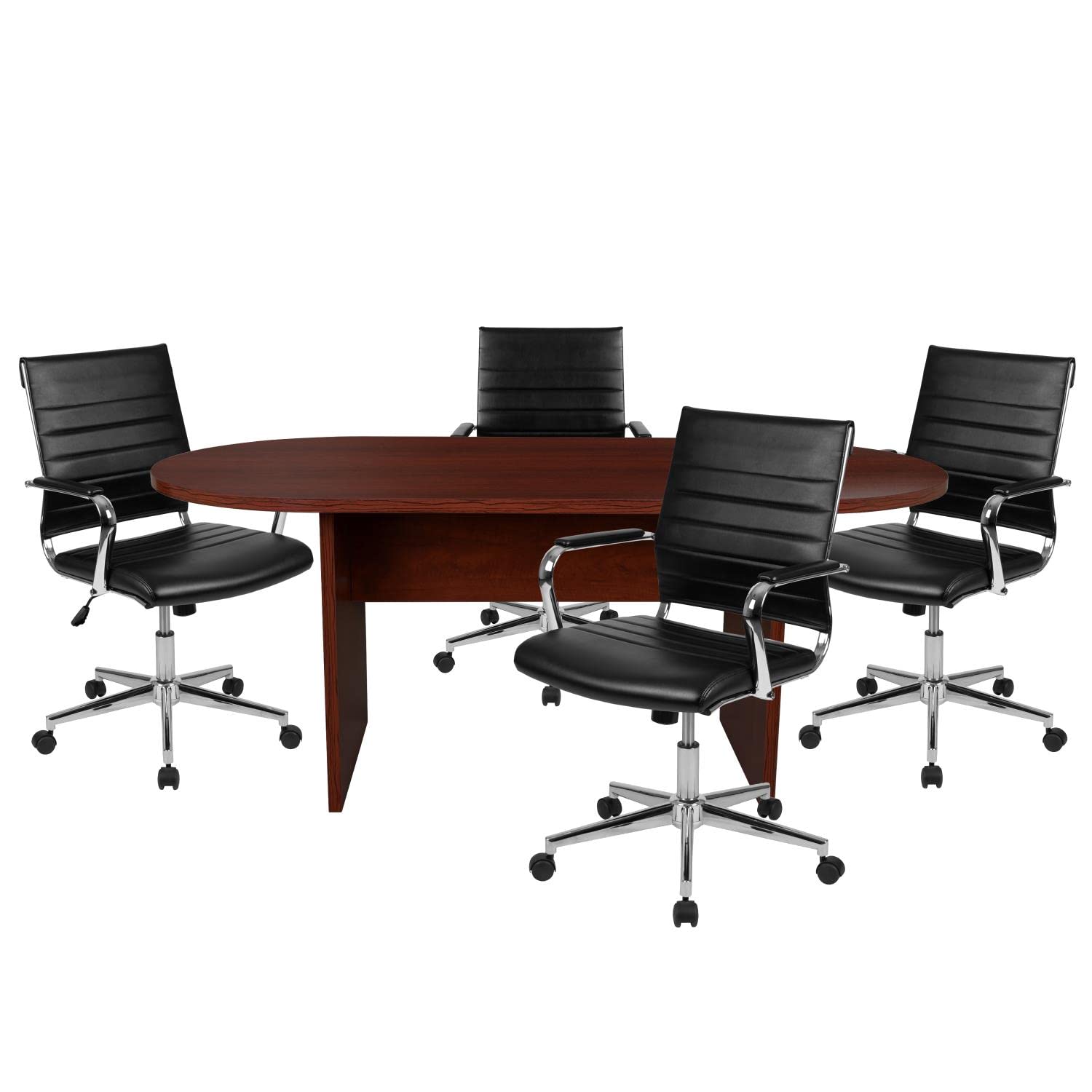 Flash Furniture Lake 5 Piece Mahogany Oval Conference Table Set With 4 Black Leathersoft Ribbed Executive Chairs