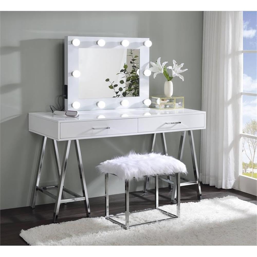 Acme Avery Rectangle Wooden Frame Accent Mirror with Lighting in White