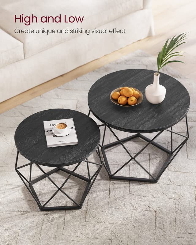 Vasagle Small Coffee Table Set Of 2, Round Coffee Table With Steel Frame, Side End Table For Living Room, Bedroom, Office, Charcoal Gray And Ink Black