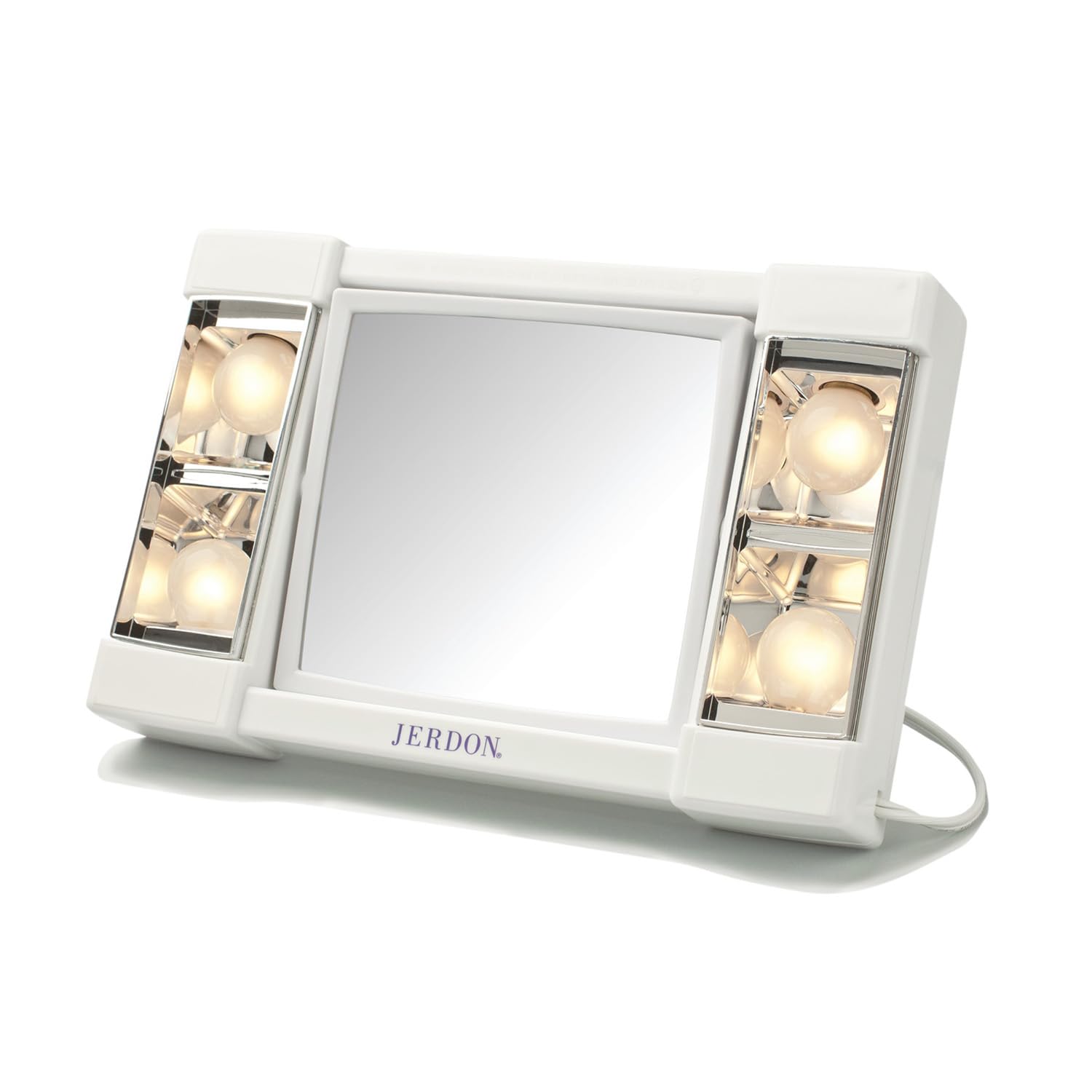 JERDON Two-Sided Makeup Mirror with Lights - Vanity Mirror with 3X Magnification & Glare-Free Lighting - White Base - Model J101