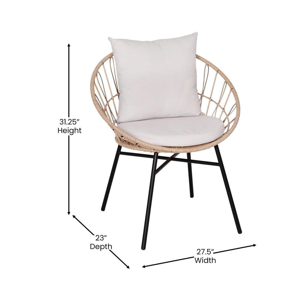 Flash Furniture Devon Indoor/Outdoor Bistro Set - Tan Finish Rattan Rope Papasan Style Chairs and Glass Top Side Table - Light Gray Back and Seat Cushions, 15.75x15.75x25, 3-Piece