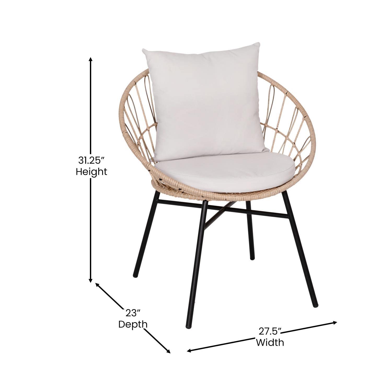 Flash Furniture Devon Indoor/Outdoor Bistro Set - Tan Finish Rattan Rope Papasan Style Chairs and Glass Top Side Table - Light Gray Back and Seat Cushions, 15.75x15.75x25, 3-Piece