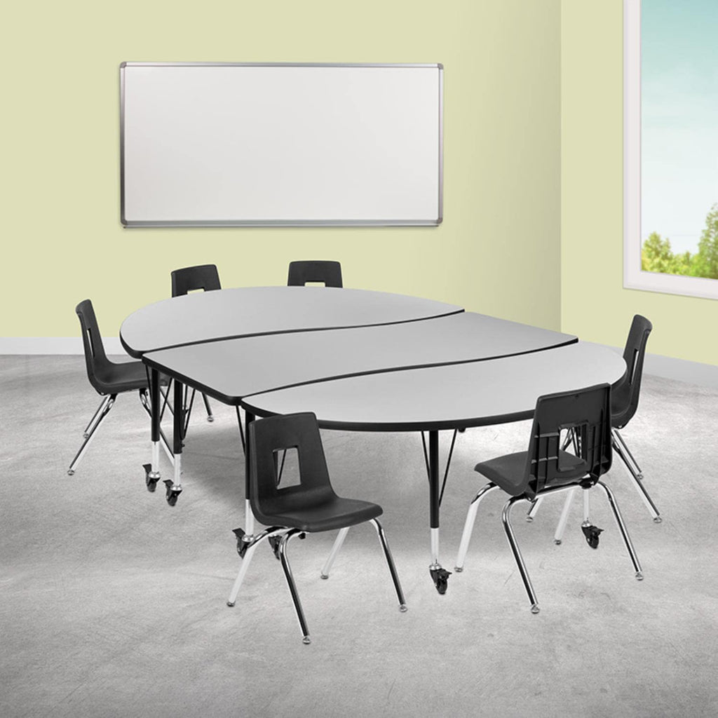 Flash Furniture Mobile 86" Oval Wave Collaborative Laminate Activity Table Set With 14" Student Stack Chairs, Grey/Black