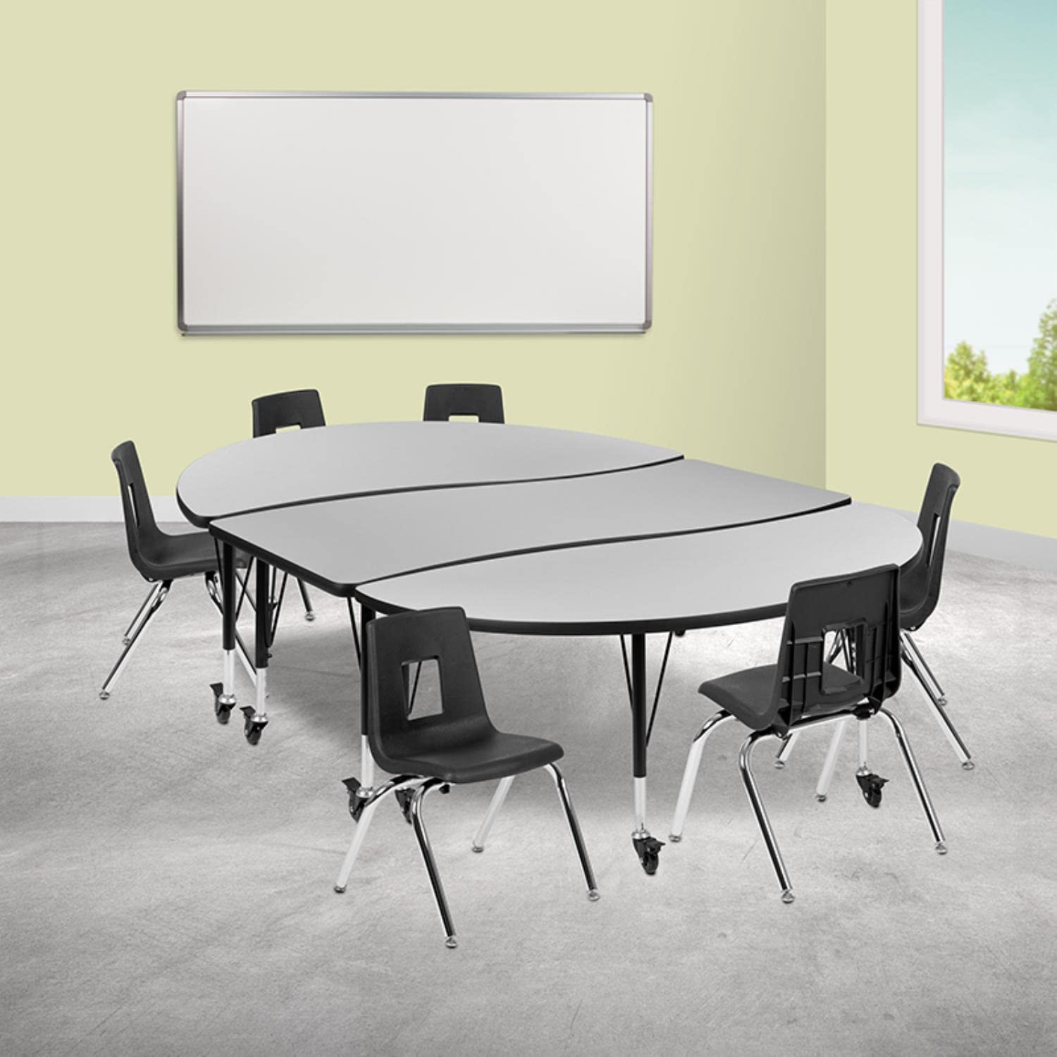 Flash Furniture Mobile 86" Oval Wave Collaborative Laminate Activity Table Set With 14" Student Stack Chairs, Grey/Black