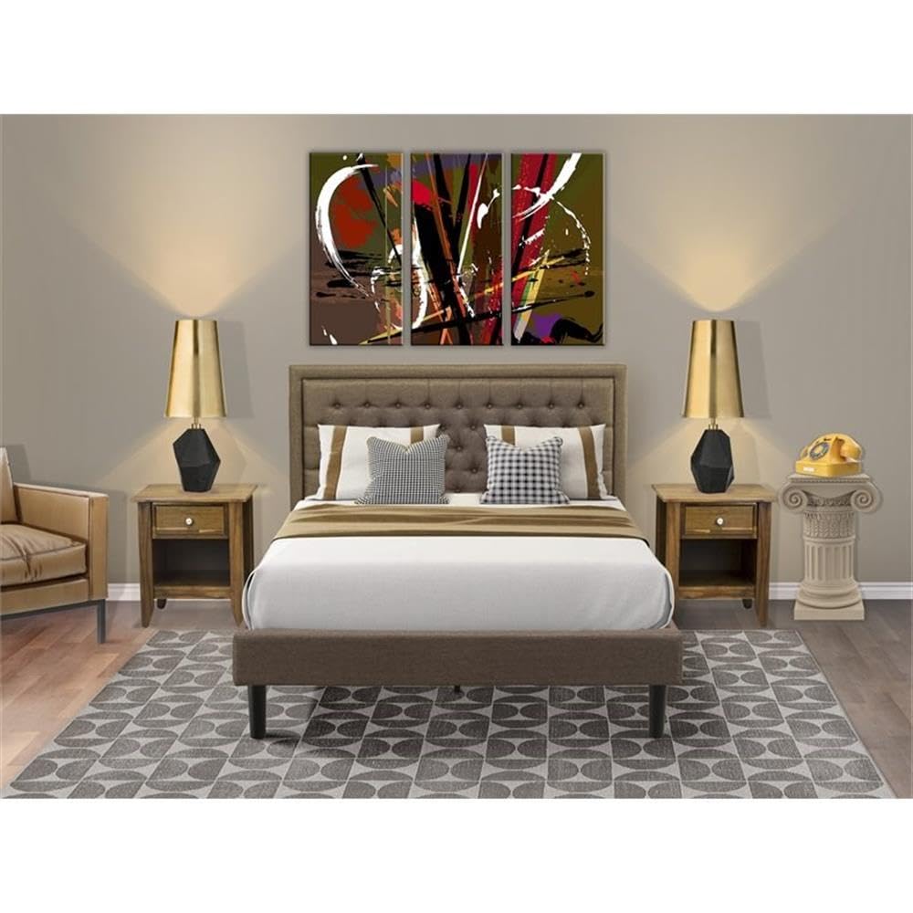 East West Furniture KD18Q-2GA08 3 Piece Queen Bedroom Set - 1 Platform Bed Brown Linen Fabric Padded and Button Tufted Headboard with 2 nightstands Bedroom - Antique Walnut Finish Nightstand