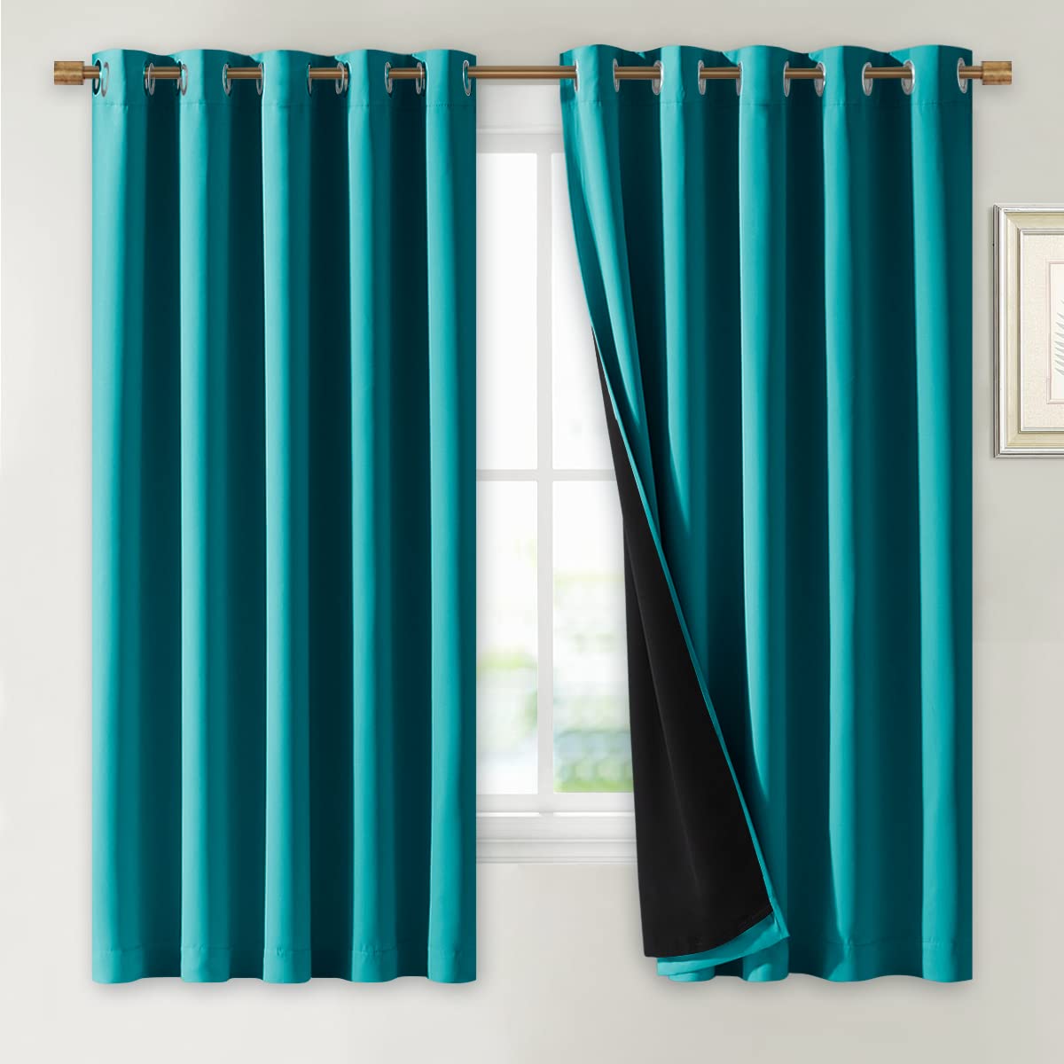 Nicetown Peacock Teal 100% Blackout Lined Curtains, 2 Thick Layers Completely Blackout Window Treatment Thermal Insulated Drapes