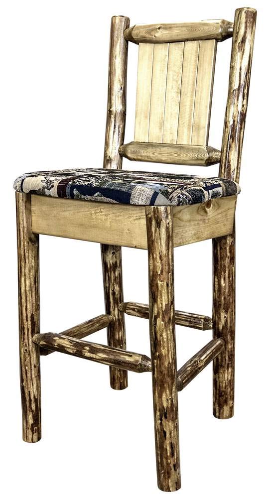 Montana Woodworks Glacier Country Collection Counter Height Barstool with Upholstered Seat, Woodland Pattern, Laser Engraved Pine Tree Design, Stained & Lacquered