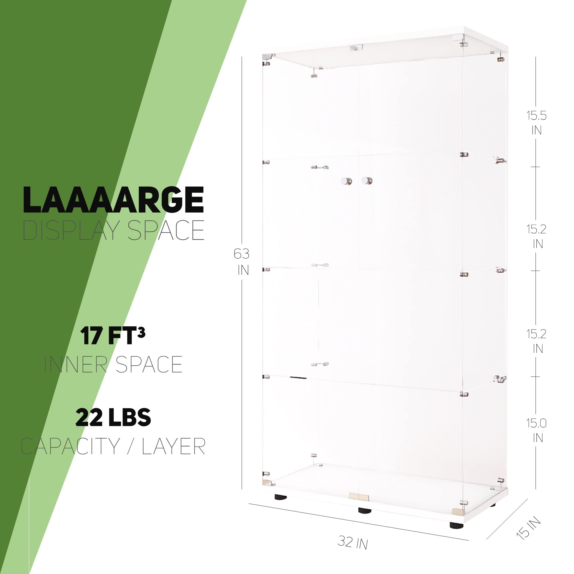 Beauty4U Glass Display Cabinet With 4 Shelves, 2 Doors Curio Cabinets For Living Room, Bedroom, Office, White Floor Standing Glass Bookshelf, Quick Installation