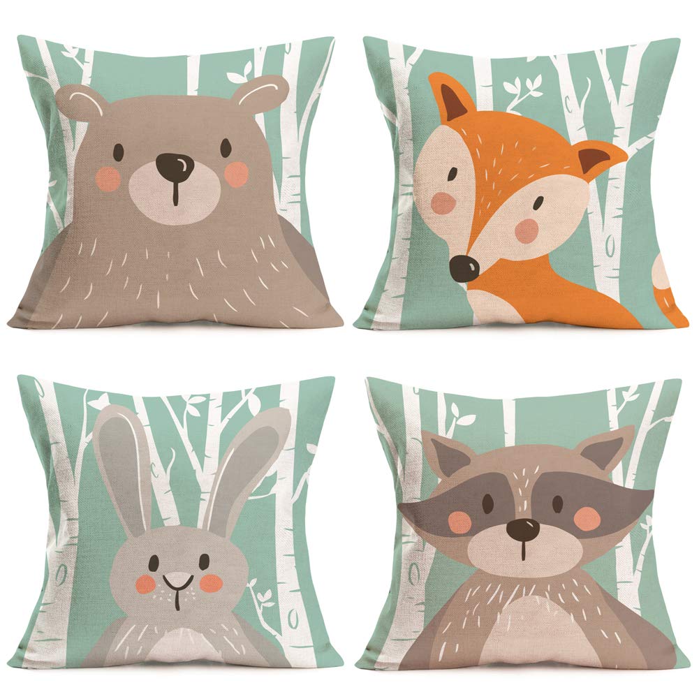 Fukeen Set Of 4 Throw Pillow Cases Cartoon Animal Woodland Decorative Cotton Linen Cushion Cover Bear Fox Rabbit Home Baby Room