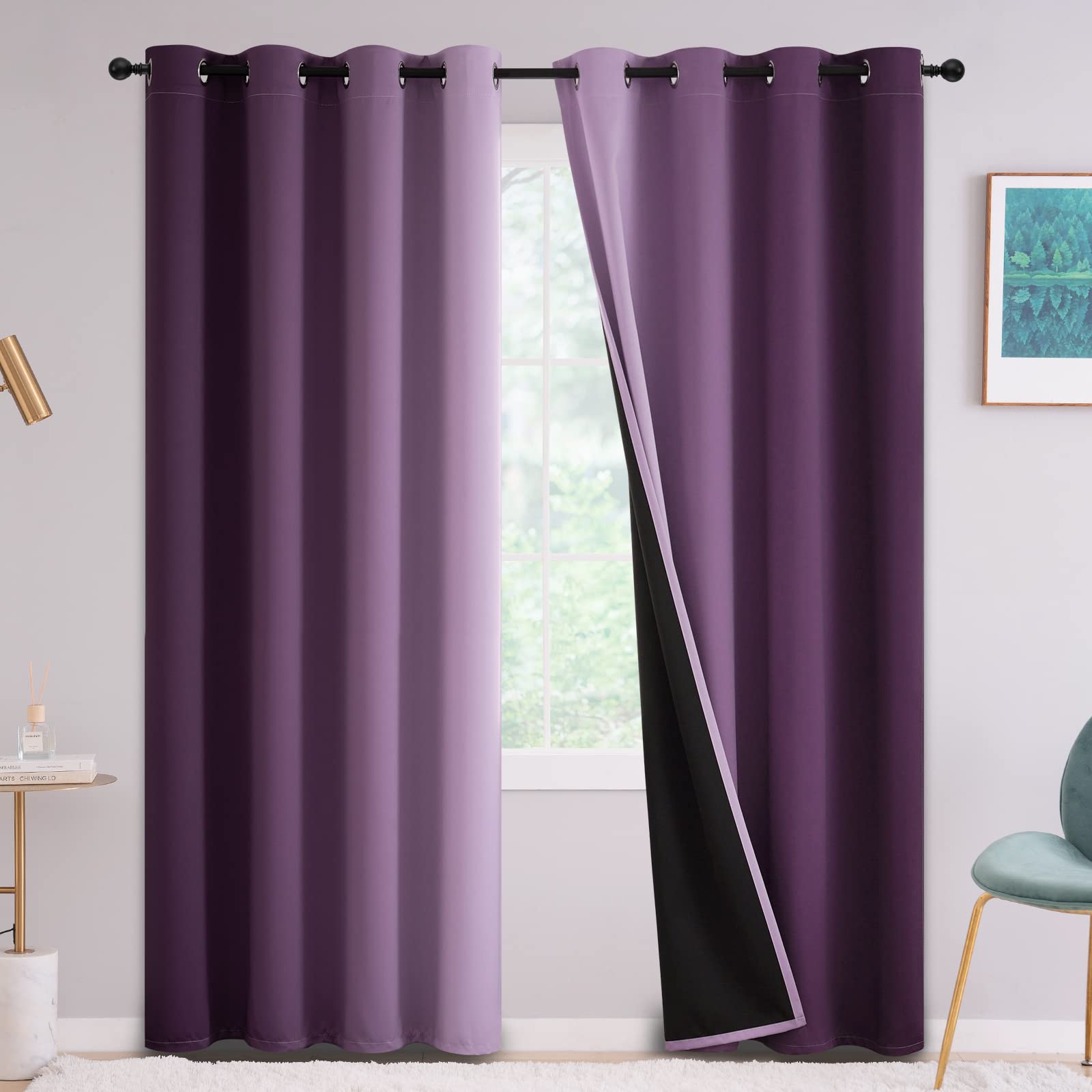 Yakamok Purple 100% Blackout Curtains for Bedroom,Ombre Room Darkening Curtains for Living Room Grommet Window Curtains 95 inche