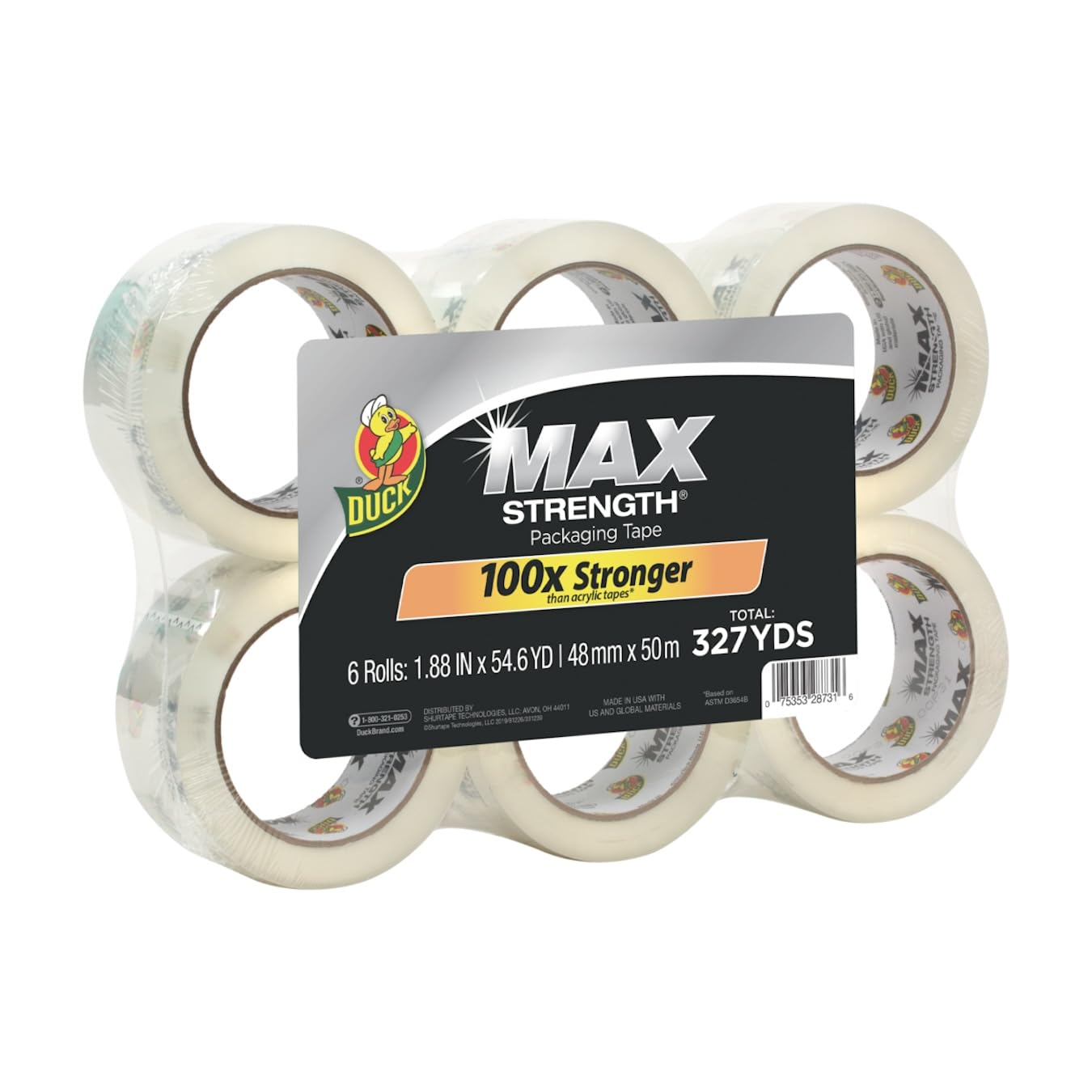 Duck Max Strength Clear Packaging Tape, 6 Rolls, 327.6 Yards, Maximum Strength Heavy Duty Packing Tape For Shipping & Moving, St