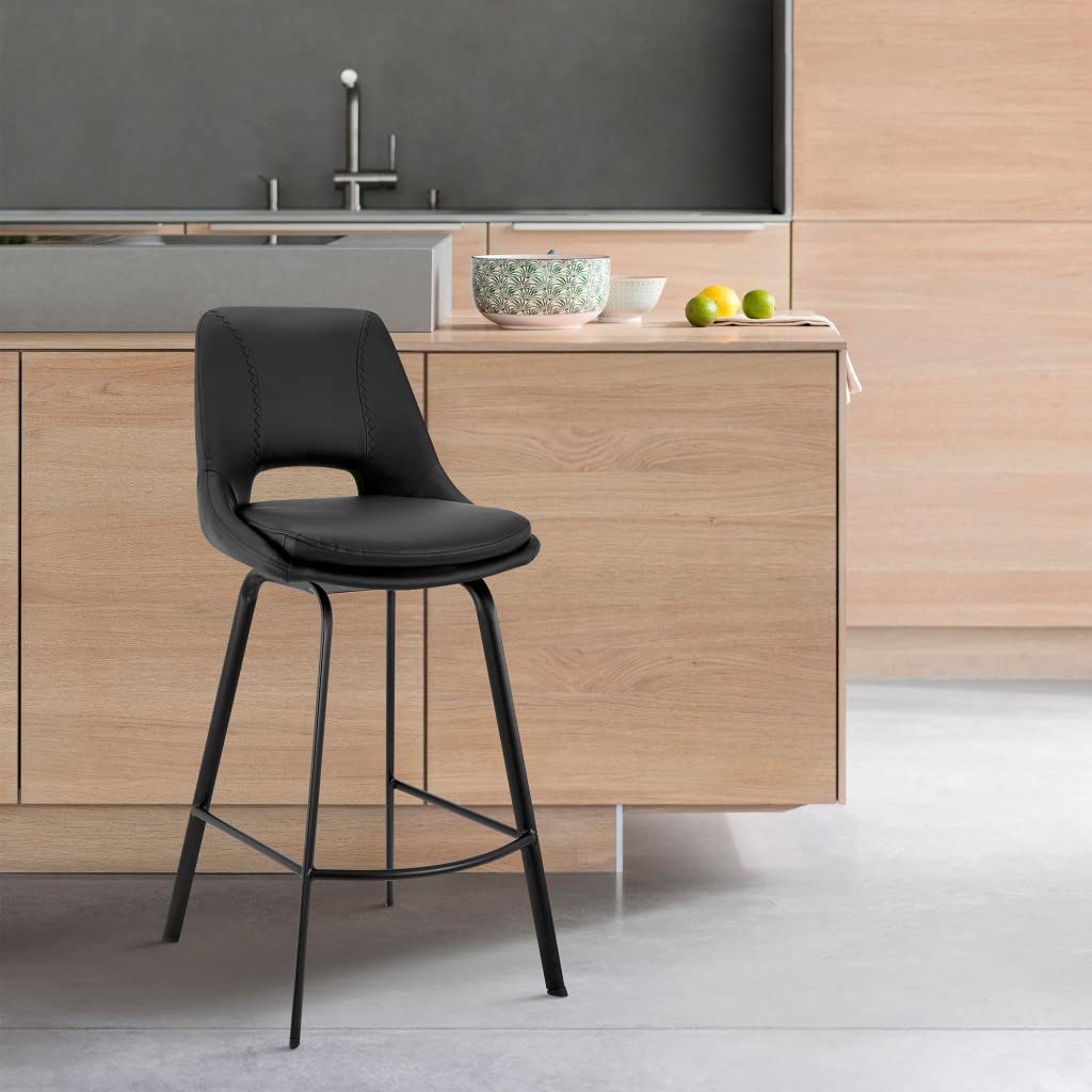 HomeRoots 30&quot; Elegant Black Faux Leather and Black Metal Armless Swivel Bar Stool