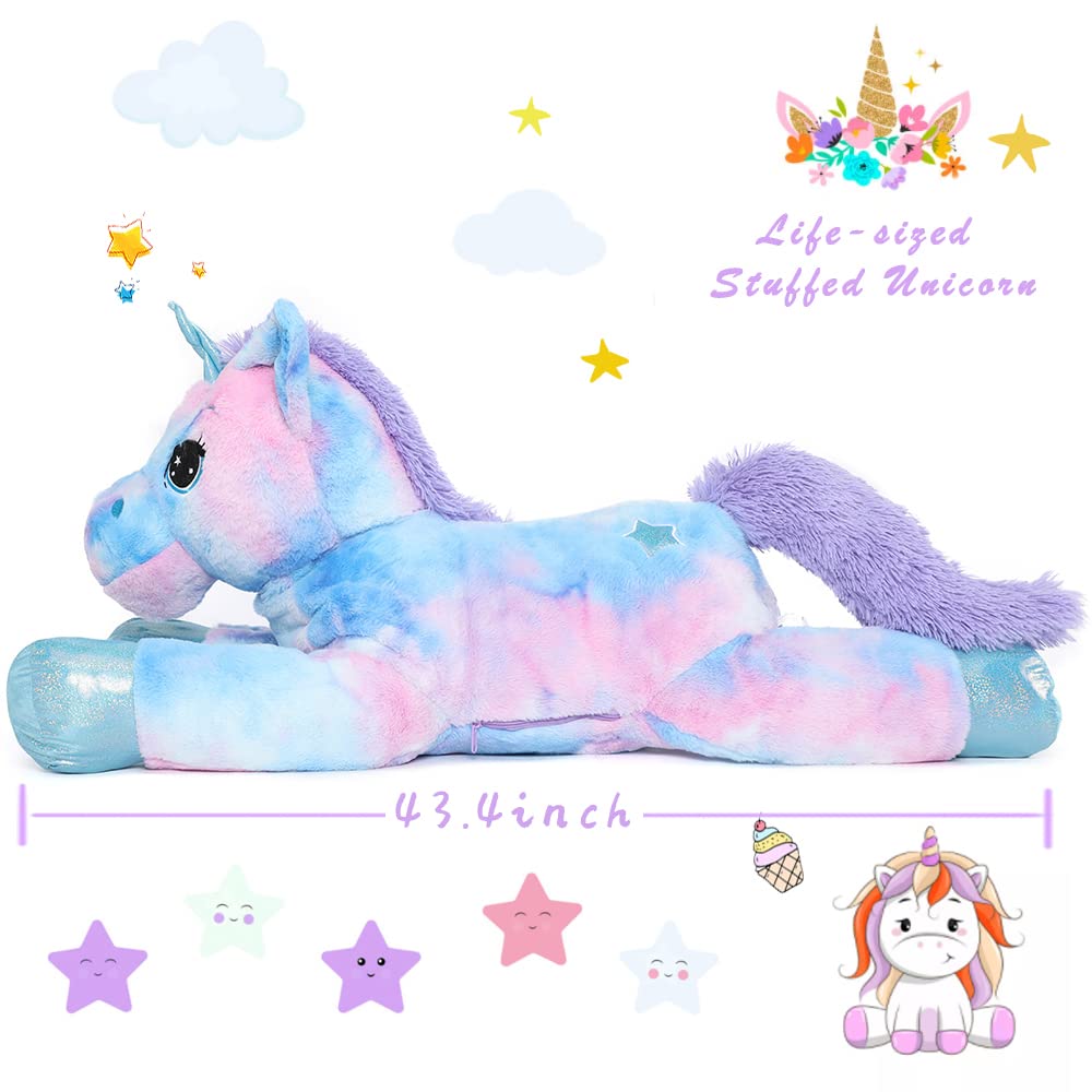 Muiteiur Giant Unicorn Stuffed Animal Xl 43.4 Inch Unicorn Stuffed Plush Pillow Blue Stuffed Unicorn Gift For Girl Boy Kid