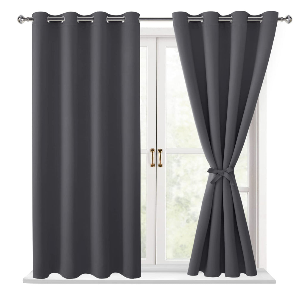 Hiasan Grommet Blackout Curtains For Bedroom, 52 X 54 Inches Long - Thermal Insulated & Light Blocking Window Curtains For Living Room, 2 Drape Panels Sewn With Tiebacks, Dark Grey