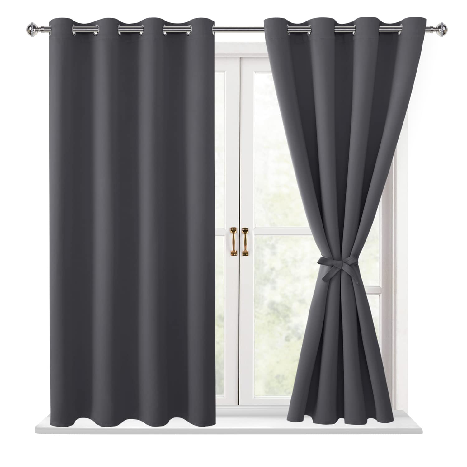 Hiasan Grommet Blackout Curtains For Bedroom, 52 X 54 Inches Long - Thermal Insulated & Light Blocking Window Curtains For Living Room, 2 Drape Panels Sewn With Tiebacks, Dark Grey