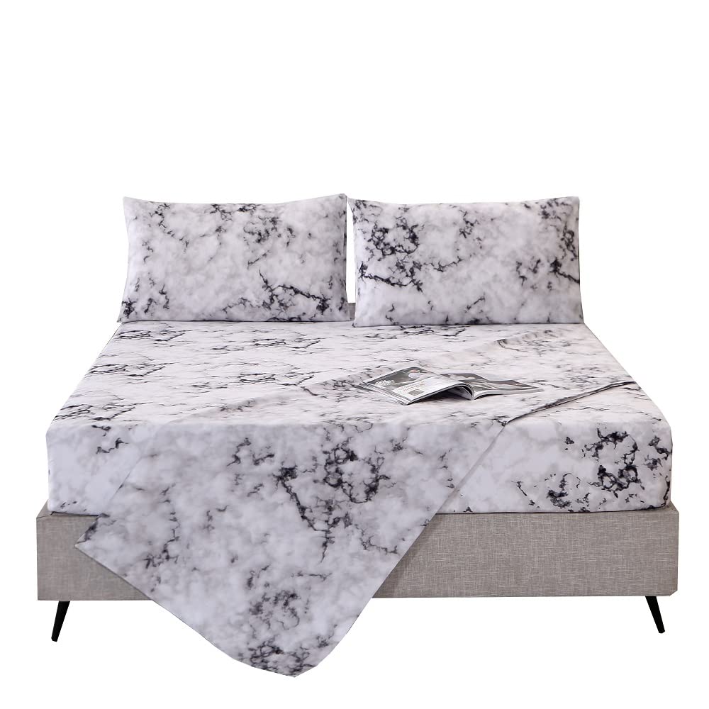 Mag Marble Bed Sheet, 4Pc Black White And Gray, Full Size Modern Pattern Printed Bedding Sheet Set With 1 Top Flat & 1 Fitted Sh