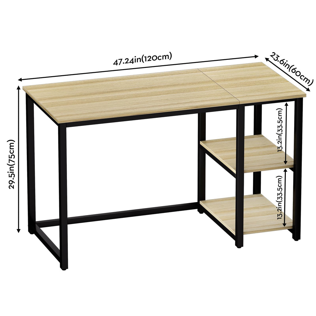 Sinpaid Computer Desk 47 Inches With 2-Tier Shelves Sturdy Home Office Desk With Large Storage Space Modern Gaming Desk Study Writing Laptop Table, Oak